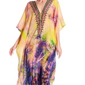 NWT SHAHIDA PARIDES 100% Silk Viscose Crepe Plunged Neckline Dress S/M$495yellow